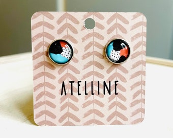 Stud earrings with cabochon painting pattern, patterned glass