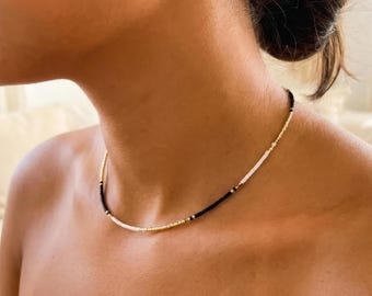 Gold, white, and black Miyuki bead necklace – Minimalist women's necklace – Handmade jewelry – Delicate gold, black, and white boho chic necklace