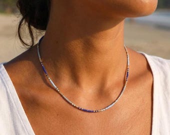 Azure blue and gold Miyuki bead necklace • Minimalist women's necklace • Handmade boho chic jewelry • Elegant summer beach gift