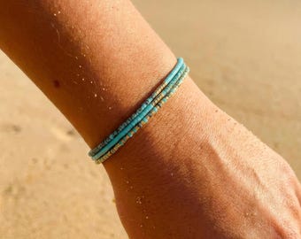 Turquoise, blue and gold beaded bracelet – Handmade adjustable minimalist boho jewelry for women
