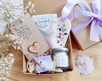 Lavender Spa Gift Set: Vegan Relaxation Hamper, Eco-Friendly, Christmas Gift Box Her, Candle, Soap, Bath Salts