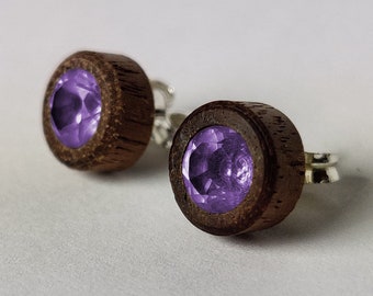 Amethyst - Wood Gemstone Stud Earrings