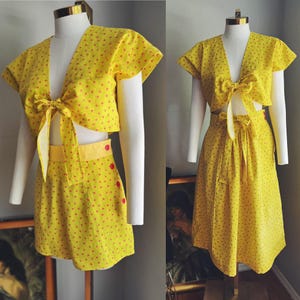 1930er Jahre Reproduktion Playsuit 3-teilig Gelb Blumendruck Größe Large 40 Büste