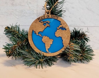 Peace on Earth laser cut Christmas ornament, World map and ocean layered ornament.