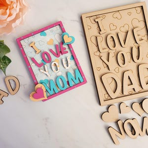 Kit de manualidades para niños, patrón de puntuación para el letrero "Te amo", regalo para mamá y papá. Archivo SVG listo para cortar con láser, descarga digital instantánea.