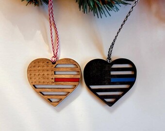 First responders heart flag Christmas ornament. Custom wooden back the blue gift for him, her.