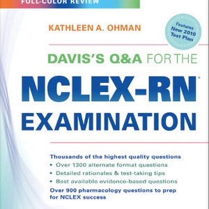 May include: A full-color book cover with the title "Davis's Q&A for the NCLEX-RN Examination" by Kathleen A. Ohman. The cover features a blue and white gradient background with a white circle containing the text "Features New 2010 Test Plan".