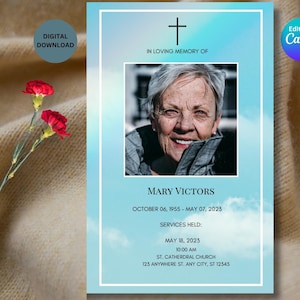Modèle de nécrologie canva à deux volets de 4 pages - Thème nuage, personnalisable avec des photos, des hommages, des poèmes et des écritures