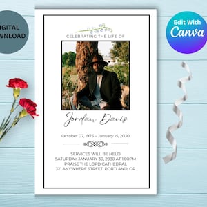 May include: A memorial card with a photo of a person in a black suit and hat. The card includes the text "Celebrating the Life of Jordan Davis" and details of the memorial service, with the words "Digital Download" and "Edit With Canva".