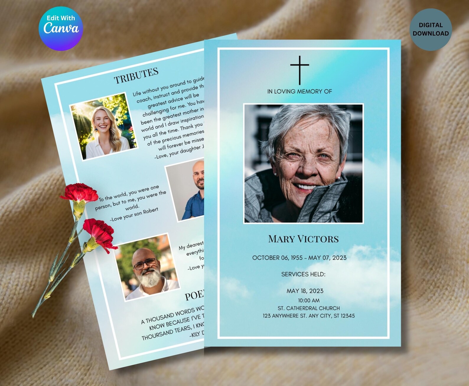 4page Bifold Obituary Canva Template Cloud Theme, Customizable With