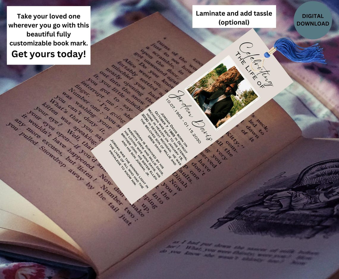 Editable Obituary Bookmark Template, Funeral Keepsake, Memorial