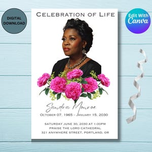 May include: A digital memorial card with the text "Celebration of Life." It features a portrait of a woman, adorned with a necklace, and surrounded by pink roses. The card includes dates, times, and location details.