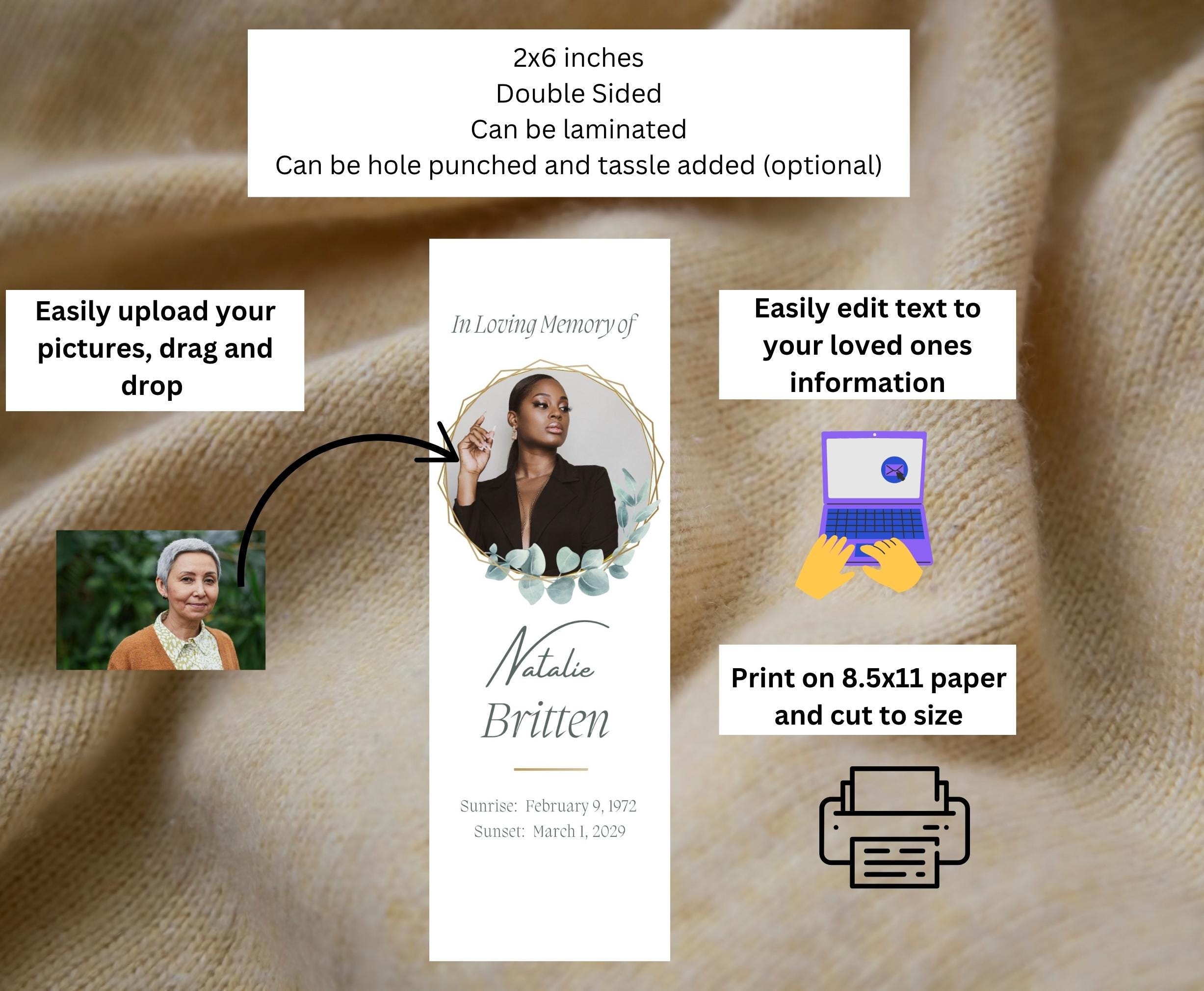 Editable Obituary Bookmark Template, Funeral Keepsake, Memorial