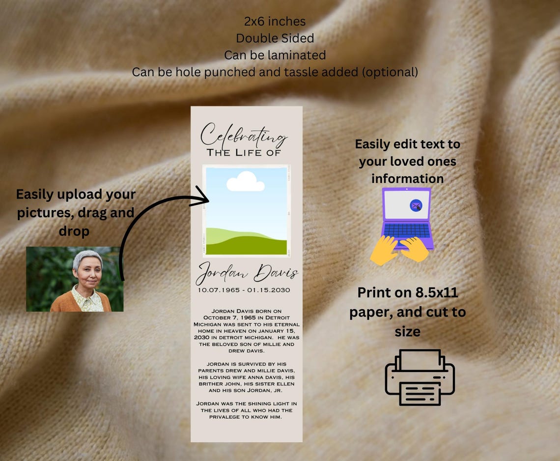 Editable Obituary Bookmark Template Funeral Keepsake Memorial Editable Obituary Bookmark Template Funeral Keepsake Memorial