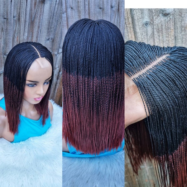 Handmade braided micro twist/Senegalese twist ombre wig (color 1 and 39) 16 inch. Ready to ship