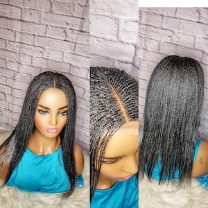 May include: A long, straight, black and grey braided wig with a lace front. The wig is styled in a simple, sleek look.