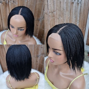 Handmade braided micro Braids center part Cornrow feathers wig 8/10 inch color 1.(Pre-order)