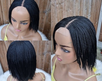 Handmade braided micro Braids center part Cornrow feathers wig 8/10 inch color 1.(Pre-order)