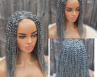 Handmade braided spiral curls closure wig /watermelon braids/ curly braids (Salt and Pepper) 16 inch