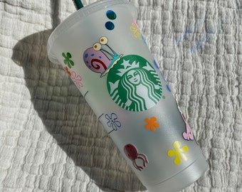Personalized Spongebob Starbucks Cup jelly fish, seaweed, flowers