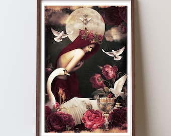 Priestess Digital Art print, Collage Art Download, Surreal Art, 8 x 12 Inch Swan Priestess Art Print (Instant Digital Download)