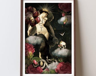 Dark Goddess Collage Art Print, Surrealist Woman, Roses and Skulls (Digital Download)