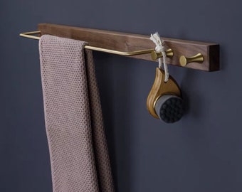 Walnut Beech Wood Brass Towel Holder w/ Wall Hooks | Towel Rack | Wall Mounted Bathroom Organizer Rack | Accessories Organizer | Home Decor