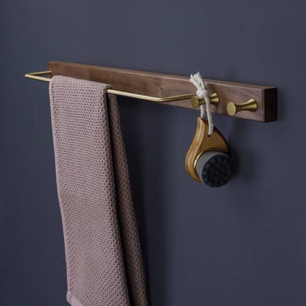 Walnut Beech Wood Brass Towel Holder w/ Wall Hooks | Towel Rack | Wall Mounted Bathroom Organizer Rack | Accessories Organizer | Home Decor