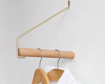 Brass/Wood Modern Clothes Rack｜Wall-Mounted Clothes Hanger｜Space Saver for Entryway, Mudroom, Bedroom, Walk-in Closet | Minimalist｜Decor