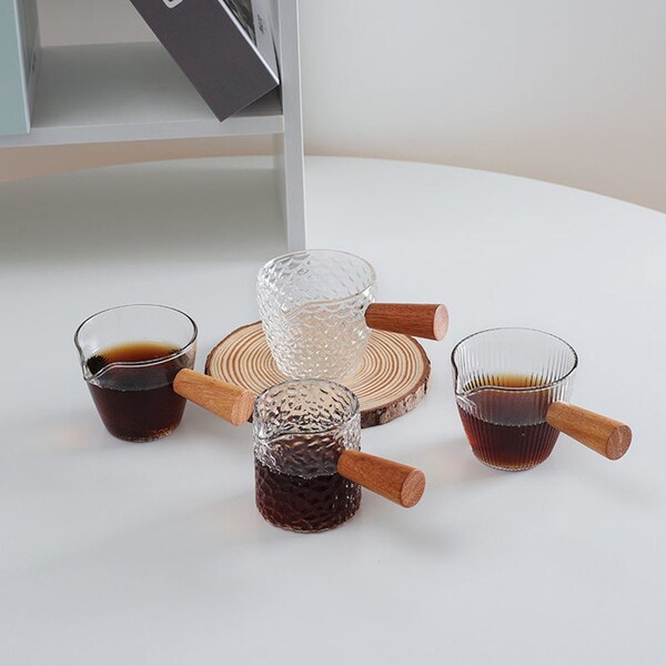 Glass Measuring Cup w/ Wooden Handle | Double/Single Spout | Coffee Tea Pitcher | Condensed Milk Maple Syrup Espresso | Cooking |Kitchenware