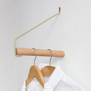 Brass/Wood Modern Clothes Rack｜Wall-Mounted Clothes Hanger｜Space Saver for Entryway, Mudroom, Bedroom, Walk-in Closet | Minimalist｜Decor