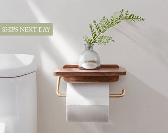 Walnut / Gold Finish Stainless Steel Toilet Paper Holder w/ Shelf | Wall Mounted Towel Hanger | Bathroom Decor |Organizer| Minimalist | Wood