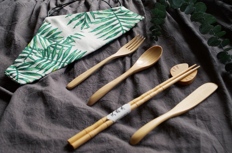 Japanese Style Natural Wooden Cutlery Set, Eco-Friendly Reusable Utensils, 5pcs Travel Set, with Cotton Storage Pouch, Sustainable Kitchen image 1