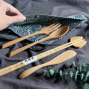 Japanese Style Natural Wooden Cutlery Set, Eco-Friendly Reusable Utensils, 5pcs Travel Set, with Cotton Storage Pouch, Sustainable Kitchen image 2