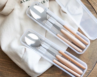 Stainless Steel/Beech Wood Cutlery Set with Case| Reusable Eco-friendly | Minimalist | Spoon Chopsticks | Office Lunch Picnic Travel