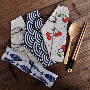 Japanese Style Natural Wooden Cutlery Set, Eco-Friendly Reusable Utensils, 5pcs Travel Set, with Cotton Storage Pouch, Sustainable Kitchen image 3