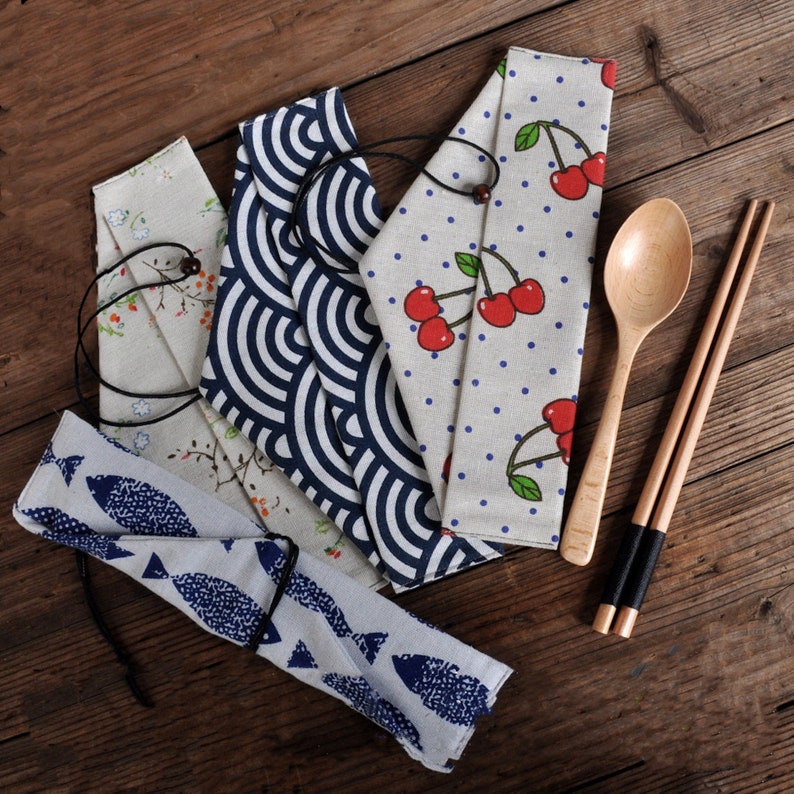 Japanese Style Natural Wooden Cutlery Set, Eco-Friendly Reusable Utensils, 5pcs Travel Set, with Cotton Storage Pouch, Sustainable Kitchen image 3