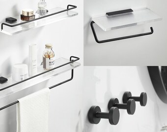 Black/Gold Bathroom Hardware Set | Wall Shelf | Towel Bar | Toilet Paper Holder | Hooks | Bath Hardware Set | Modern Minimalist