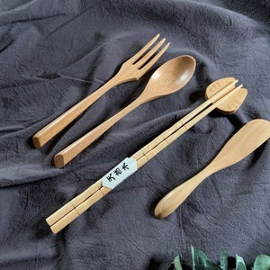 Japanese Style Natural Wooden Cutlery Set, Eco-Friendly Reusable Utensils, 5pcs Travel Set, with Cotton Storage Pouch, Sustainable Kitchen image 5