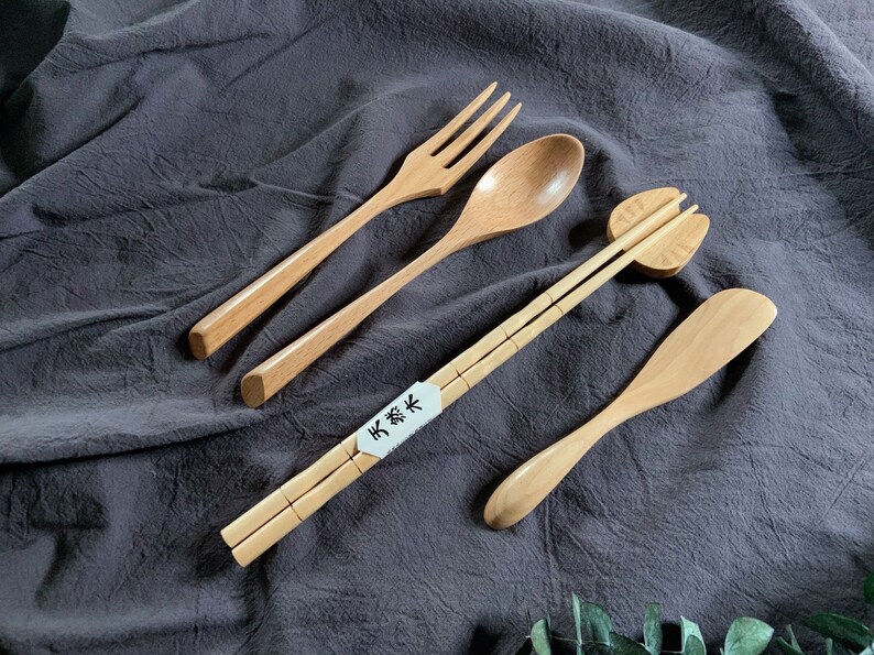 Japanese Style Natural Wooden Cutlery Set, Eco-Friendly Reusable Utensils, 5pcs Travel Set, with Cotton Storage Pouch, Sustainable Kitchen image 5