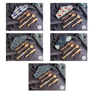 Japanese Style Natural Wooden Cutlery Set, Eco-Friendly Reusable Utensils, 5pcs Travel Set, with Cotton Storage Pouch, Sustainable Kitchen image 7