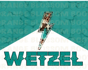 Może przedstawiać: Grafika w kolorze turkusowym i białym z motywem błyskawicy i napisem "WETZEL" w pogrubionym, turkusowym foncie.