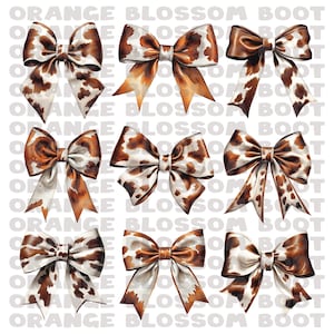 May include: Nine decorative bows with a cowhide pattern in shades of brown and white. The bows vary in style, with some having long tails and others with a more compact design. The text "ORANGE BLOSSOM BOOT" is repeated in the background.