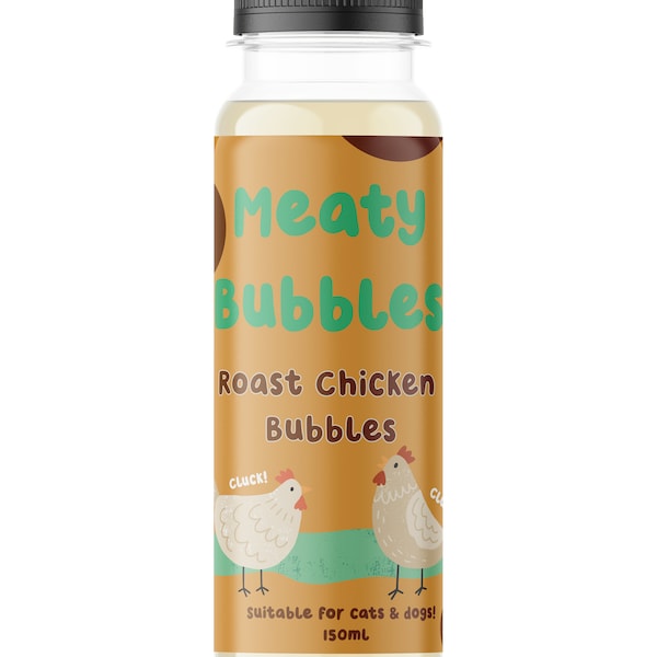 Roast Chicken, flavoured bubble mix for dogs and cats, meaty bubbles, UK, non toxic, vegan, gluten free, pet bubbles