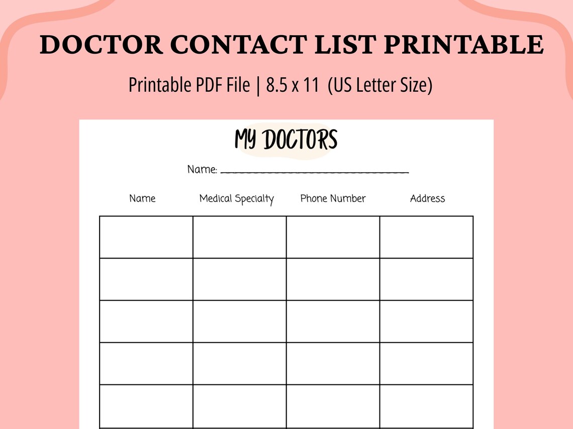 Printable Doctor Contact List | Printable PDF List | Doctor Log ...
