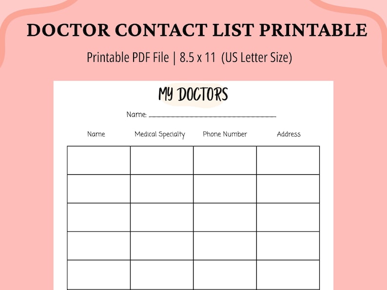 Printable Doctor Contact List | Printable PDF List | Doctor Log
