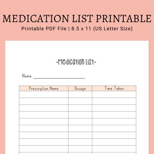 Medication List Printable | Printable PDF List | Medication Tracker
