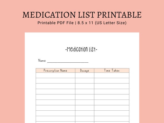 Medication List Printable Printable PDF List Medication - Etsy