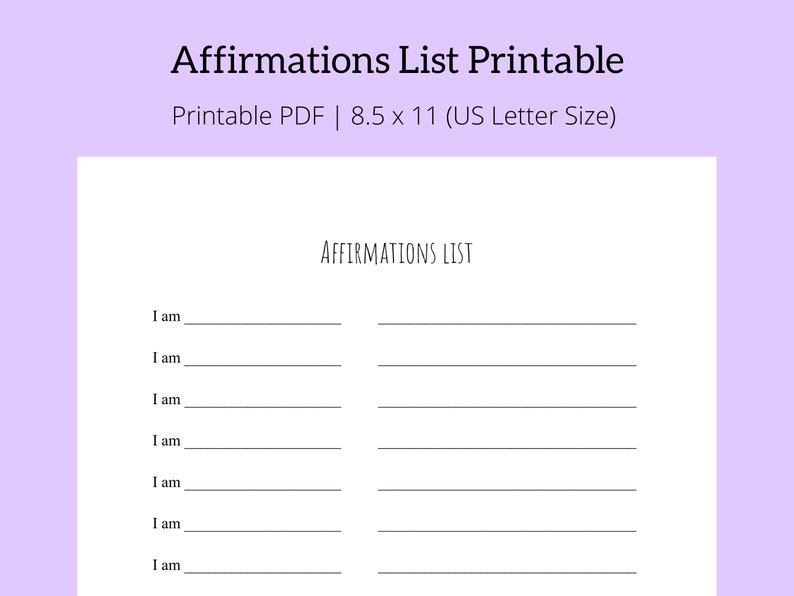 Affirmations List Printable Affirmation Sheet PDF Digital Download - Etsy