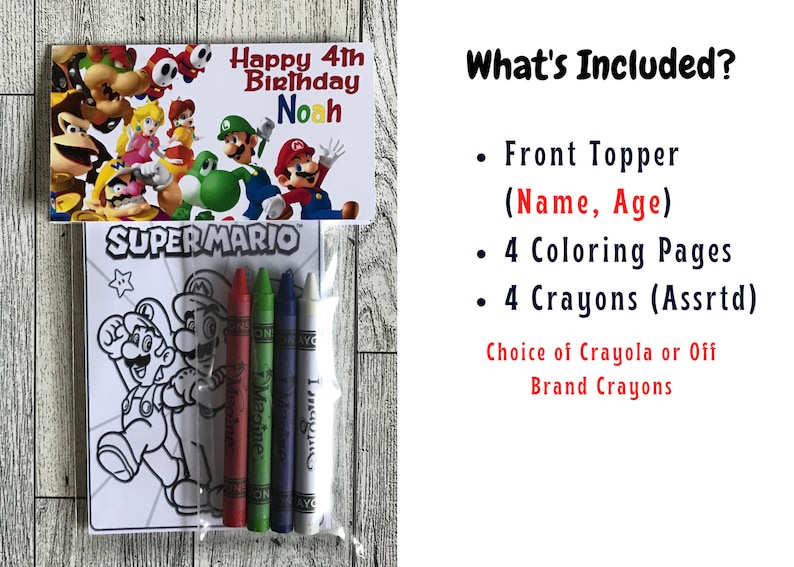Puede incluir: Un conjunto de libro para colorear y l&aacute;pices de colores con tem&aacute;tica de Super Mario. La portada presenta una ilustraci&oacute;n en blanco y negro de Mario y Luigi. El conjunto incluye cuatro p&aacute;ginas para colorear y cuatro l&aacute;pices de colores. La parte delantera del paquete tiene una parte superior personalizada que dice "Feliz 4&ordm; cumplea&ntilde;os Noah".